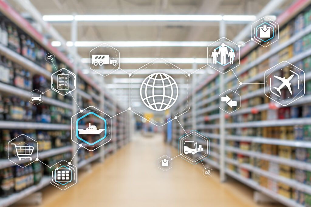 Logistics and transportation concept on supermarket background.